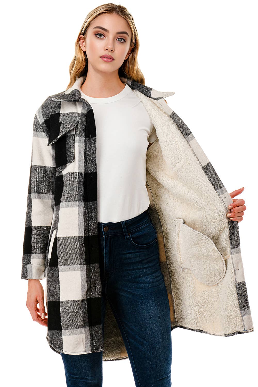 Fur-lined plaid flannel shacket