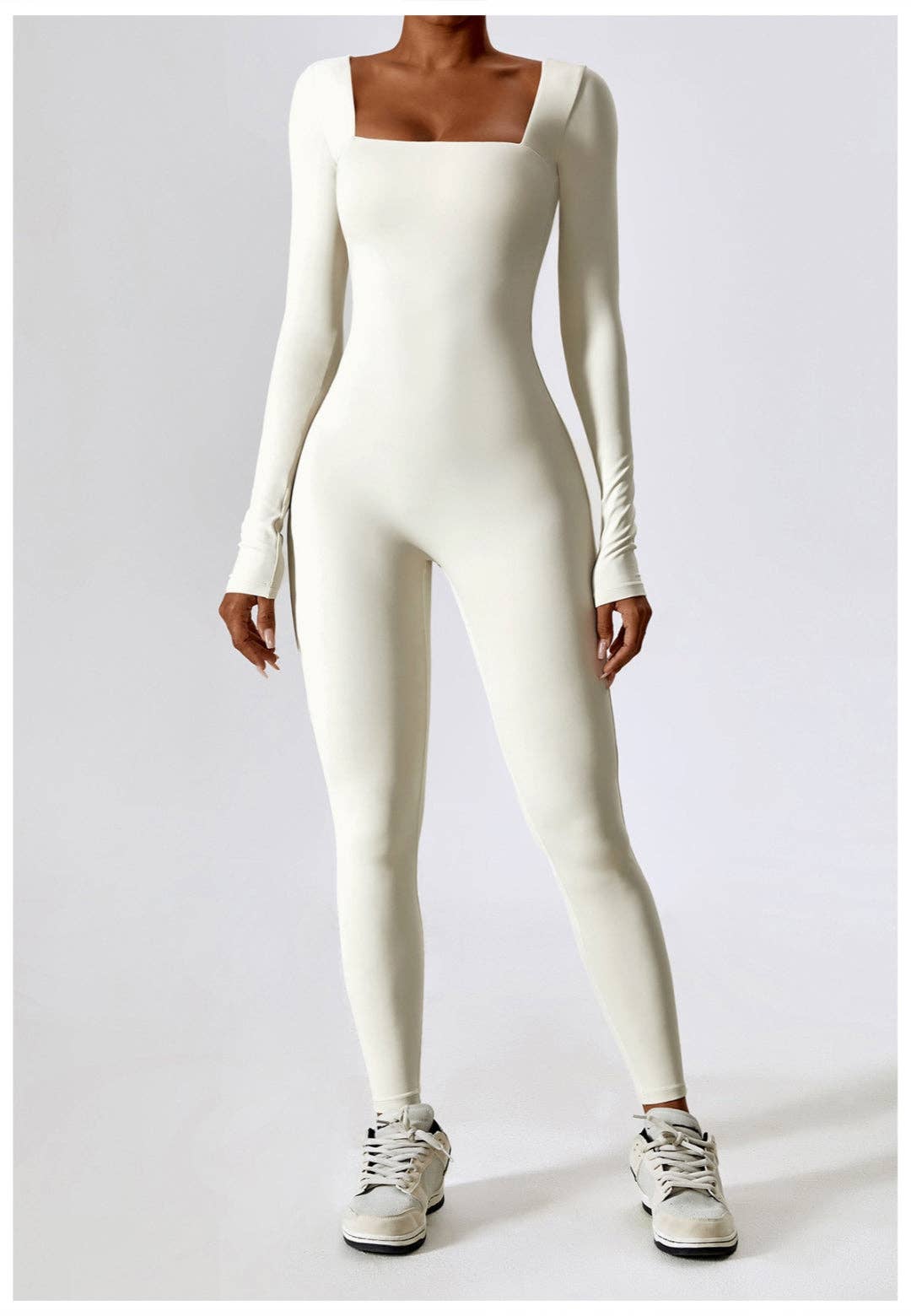 Square Neck Unitard Jumpsuit - Beige