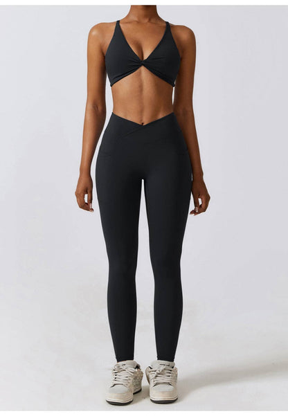 Plunge Neck Twist Front Sports Bra - Black