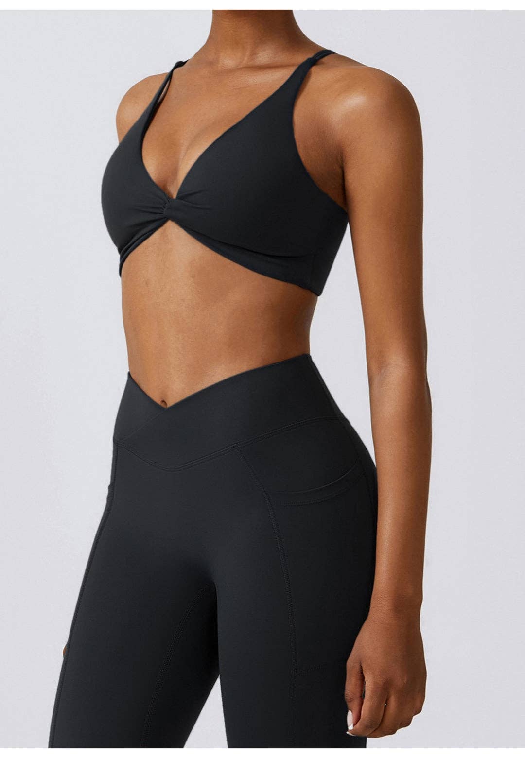 Plunge Neck Twist Front Sports Bra - Black