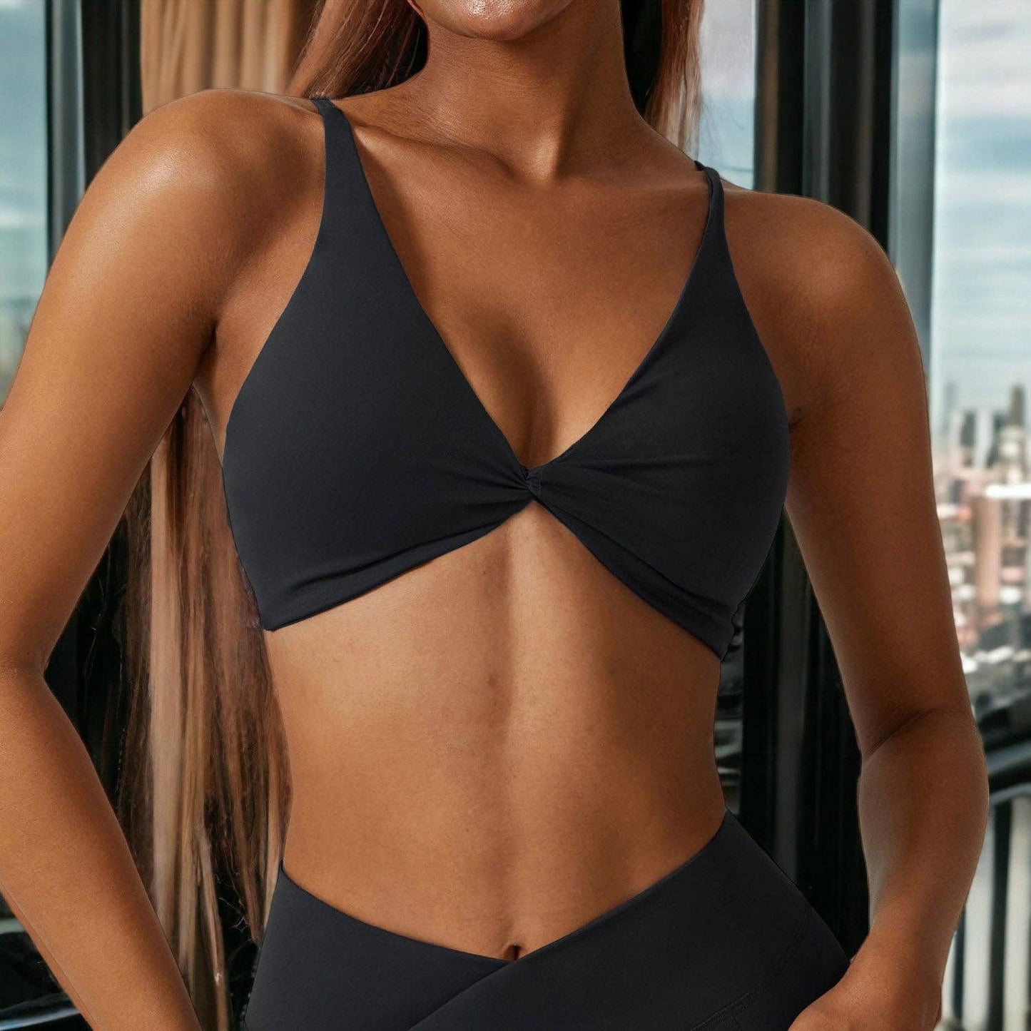 Plunge Neck Twist Front Sports Bra - Black