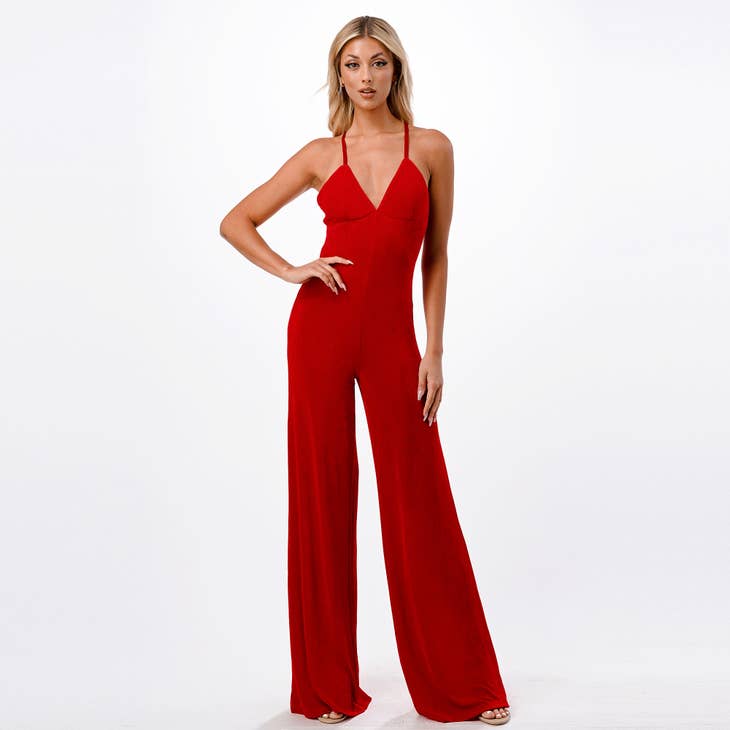 DEEP V NECK WIDE LEG JUMPSUIT