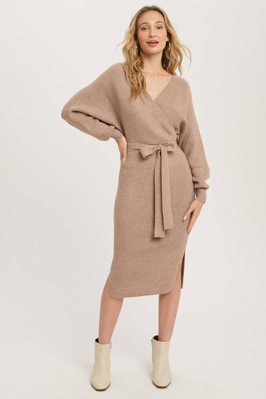 SURPLICE BELTED SWEATER DRESS