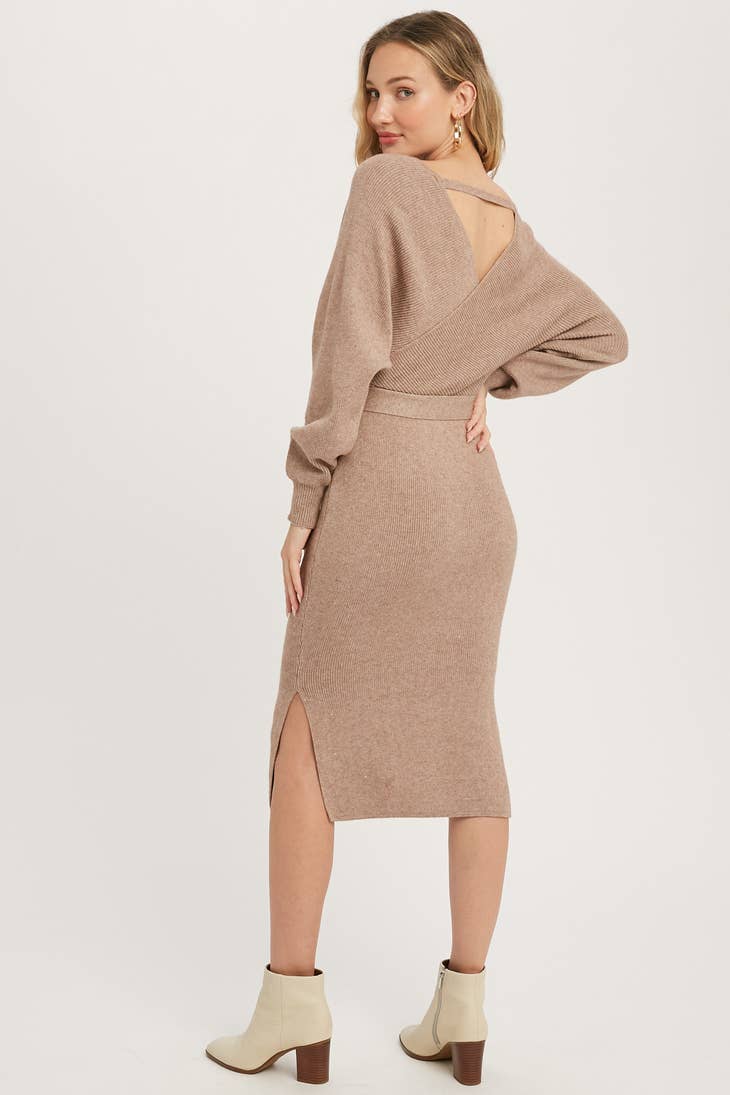 SURPLICE BELTED SWEATER DRESS