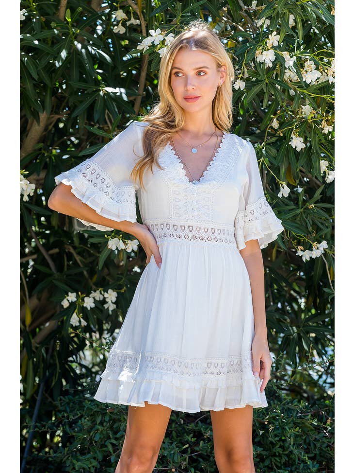 V-NECK LACE TRIM DRESS - IVORY