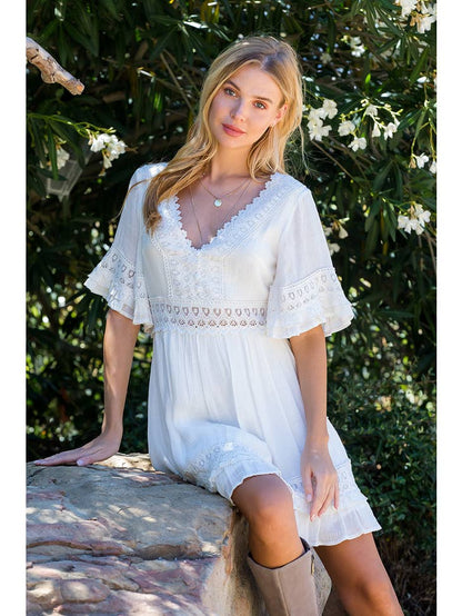 V-NECK LACE TRIM DRESS - IVORY