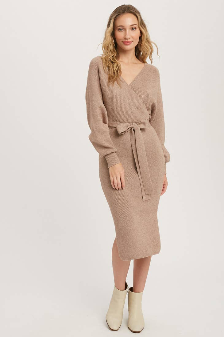 SURPLICE BELTED SWEATER DRESS