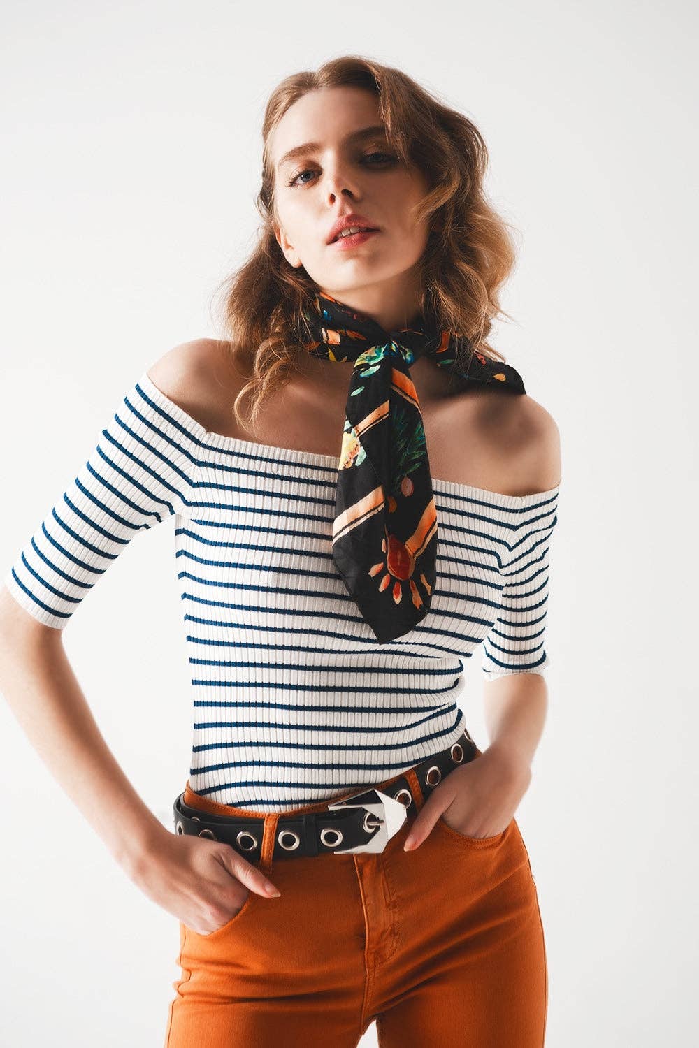 Stripe bardot top in navy