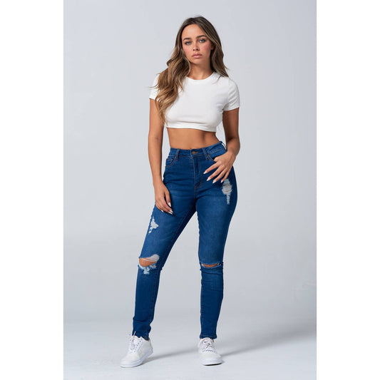 Jean skinny taille haute d'aspect usé à extensibilité extrême